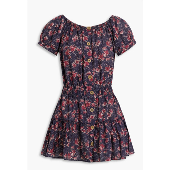 EBERJEY Elsie Gathered Printed Cotton Mini Dress In Navy Size L 8-12 MSRP$198 - Picture 1 of 4
